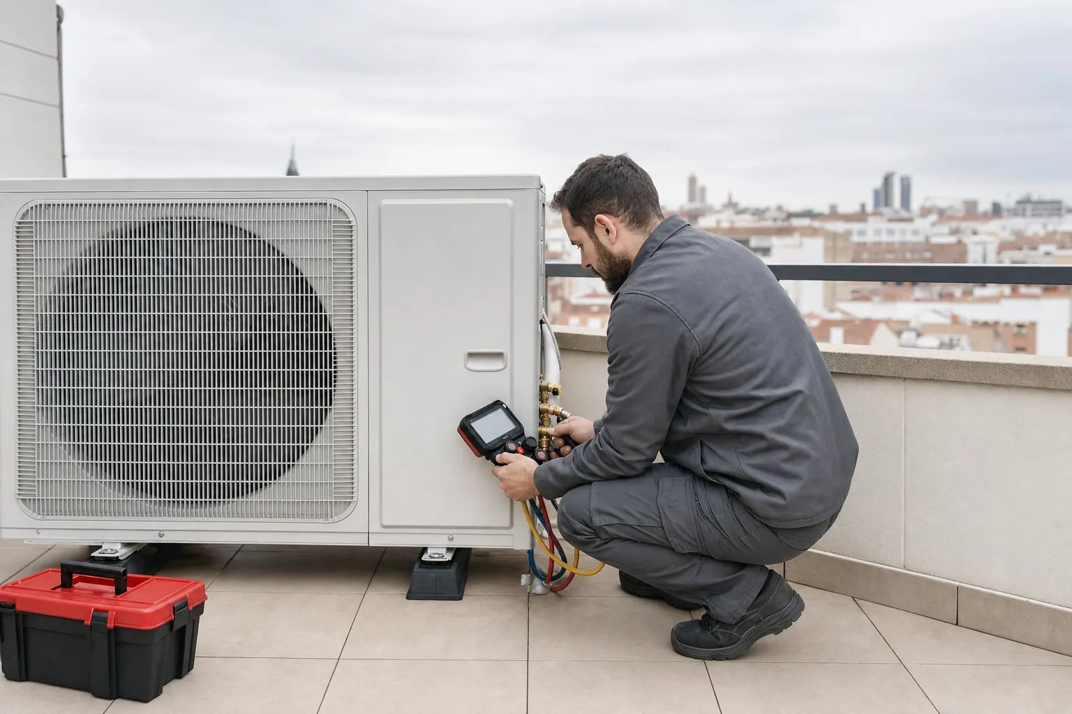 Técnico midiendo presiones con manómetros en la unidad exterior de una bomba de calor en una terraza de Madrid