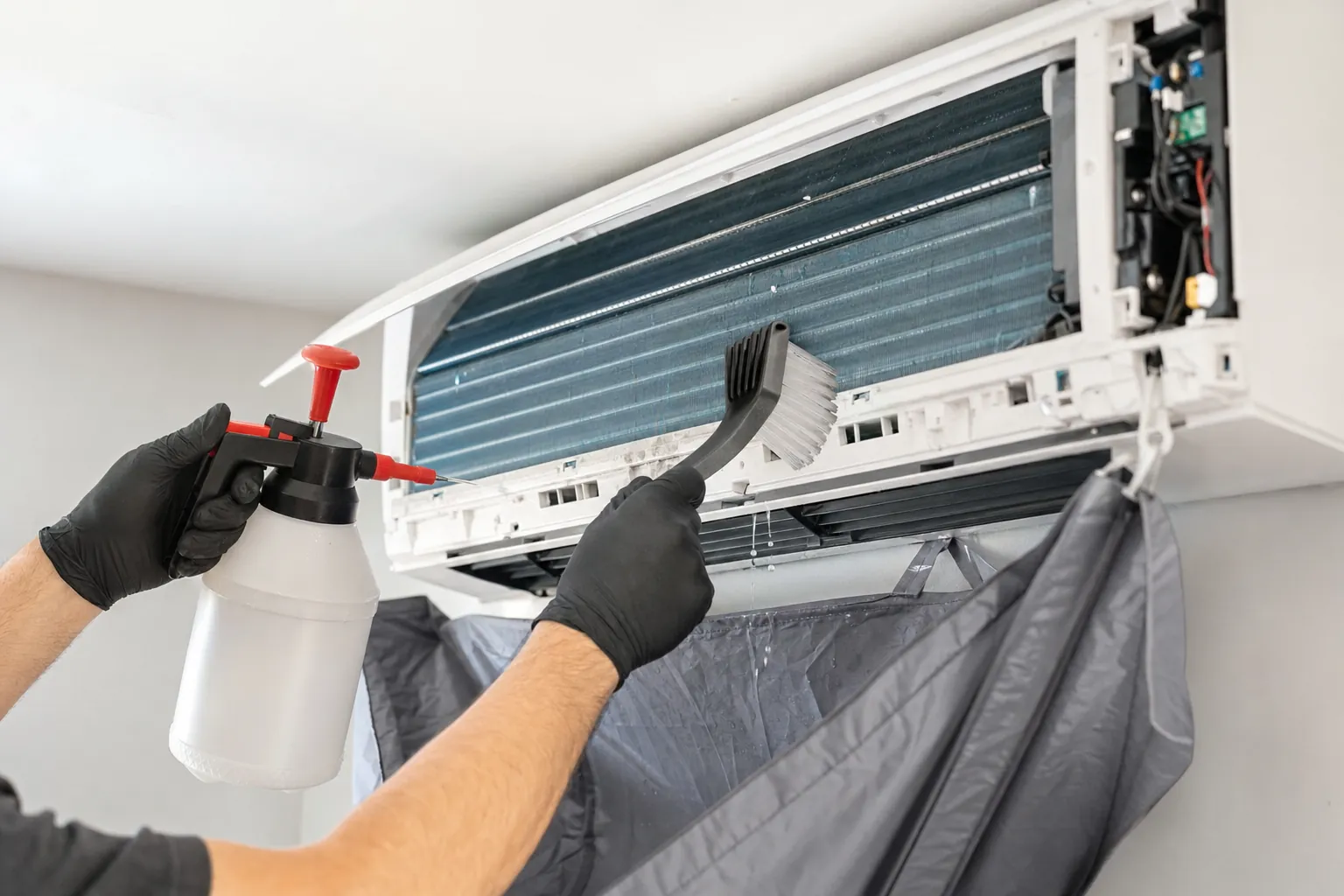 Manos de un técnico limpiando la batería de aletas de una unidad interior de aire acondicionado con un pulverizador