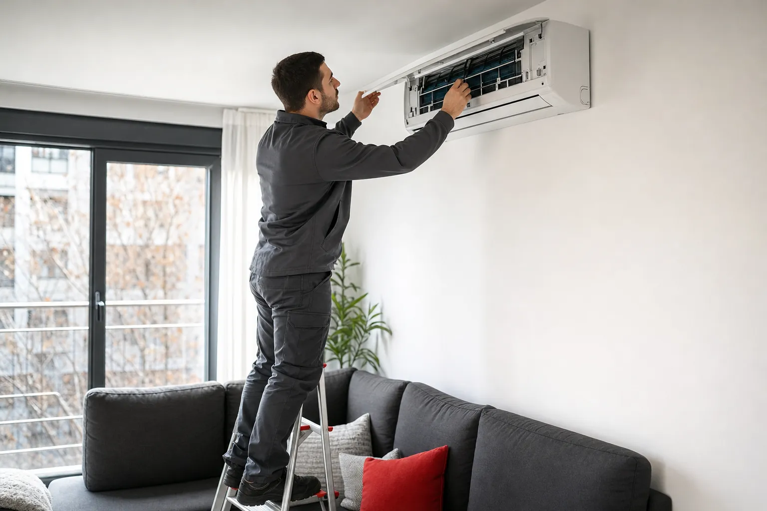 Técnico climatizador revisando un split de pared en un salón luminoso de un piso de Madrid